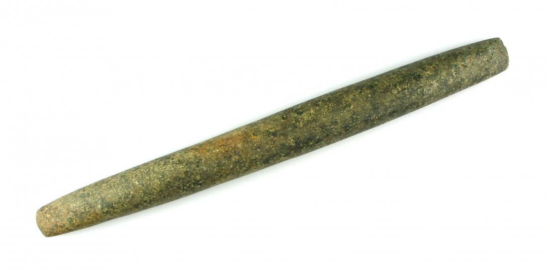 Incredible 12 9/16" Intrusive Mound Ceremonial Pick -: Classic example of the type. Made of really pretty black, tan, and green Speckled Granite. Red and white collector label reads - 'S-351 OHIO x T.Allen'. Ohio. Ex- Terry Allen and Ed Rowe Collections. 