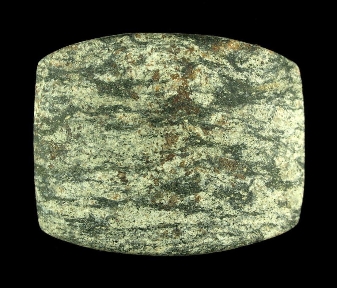2 1/16" Bannerstone - Jackson G-9 COA: Nicely made piece in Gneiss found in the 1940's in Pickaway Co., Ohio. Ex - Fred Marks and Thomas Sell Collections. Jackson COA.