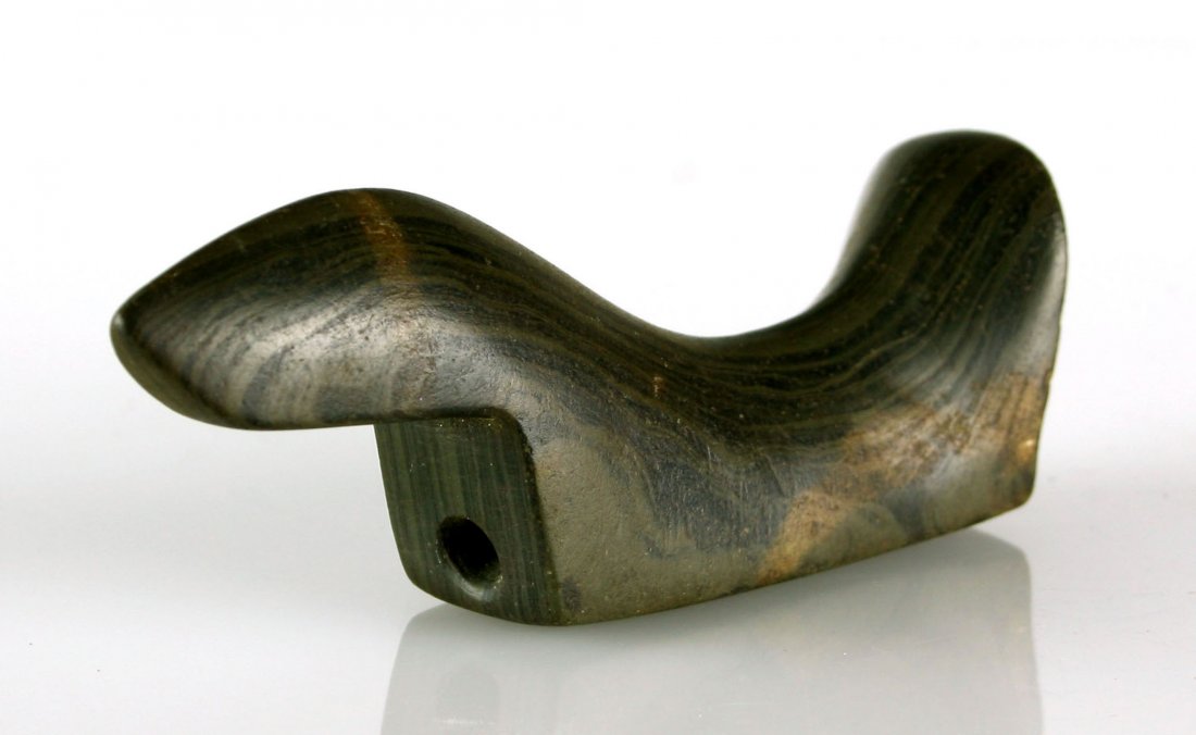 4 3/8" Birdstone: Nice example reported from Wayne Co., Ohio. Ex - Ed Payne and Sherman Glass Collections. Banded Slate.