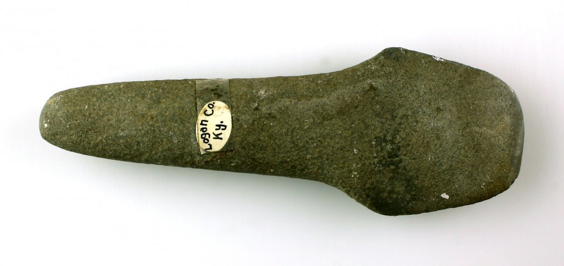 7 5/16" Spud - Jackson COA: Nice example found along the Mud River in Logan Co., Kentucky. Ex - Tilton and Cowan Hood Collections. Gray diorite. Nice! Jackson COA