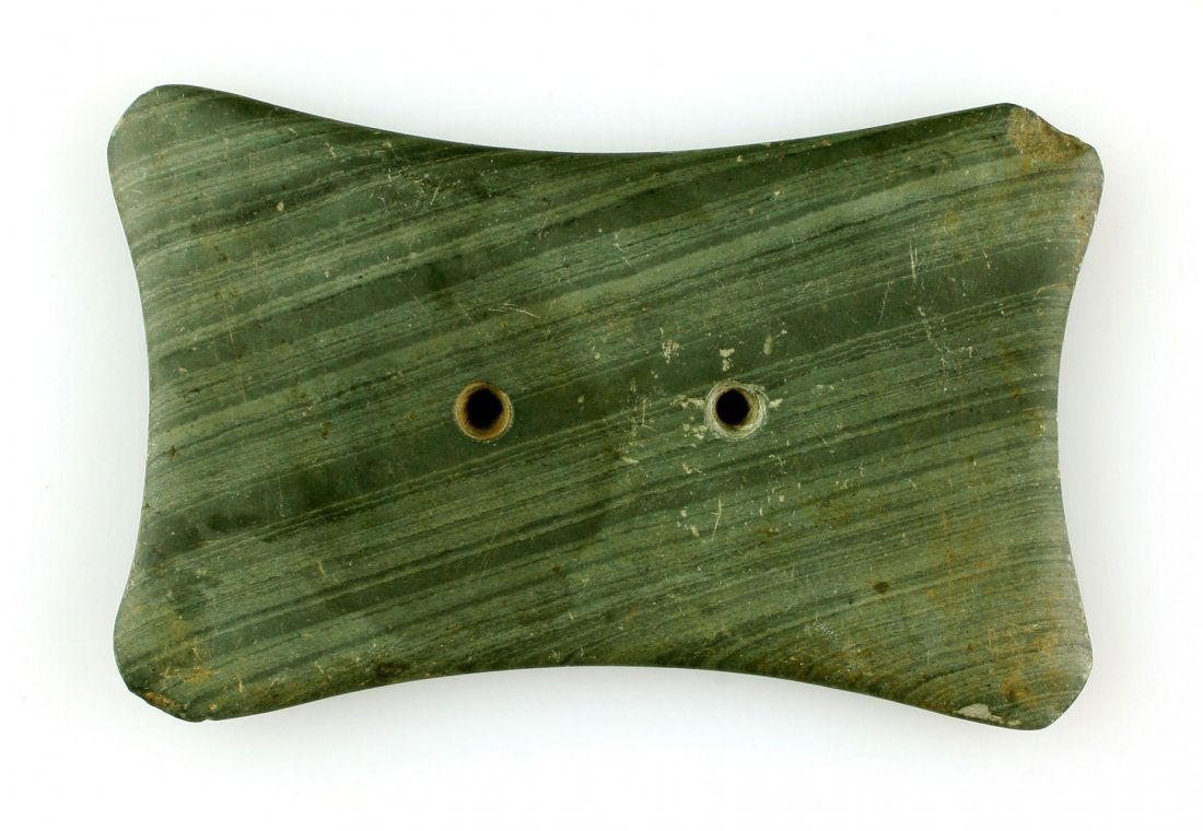 Superb 4 1/2" Quadriconcave Gorget: Excellent example in banded Green Slate. Extra thin.