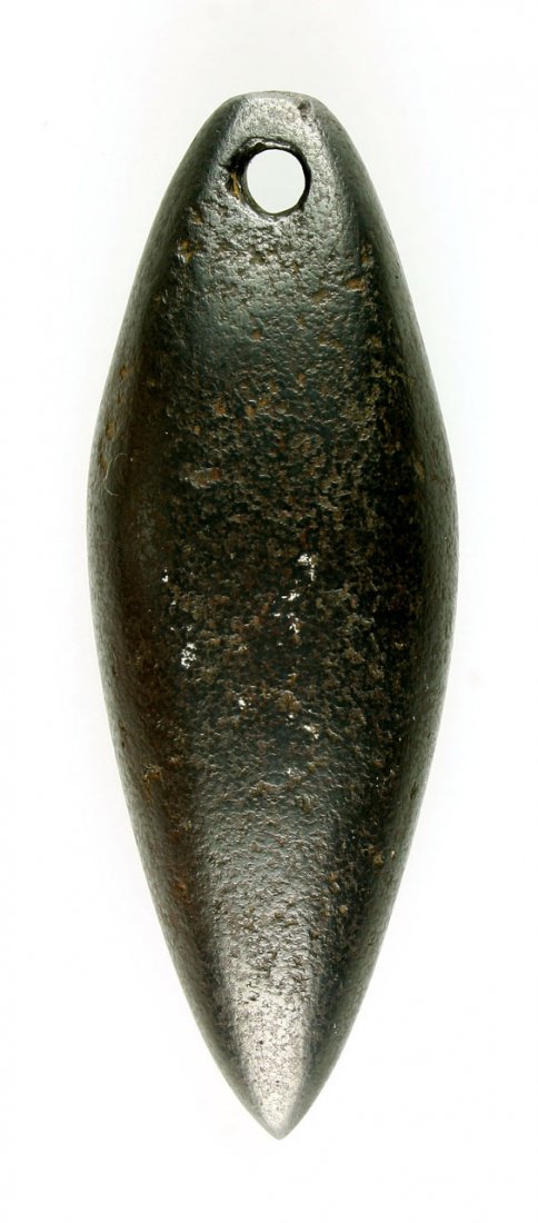 3 3/8" Hematite Plummet: Nice perforated example from Illinois with nice polish. Hematite. Superb.