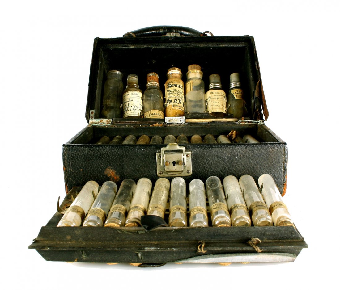 1920's-1930's Doctor's Pharmacy Kit: Interesting kit formerly of Dr. George B.M. Reese of Biglerville, Pennsylvania. Contains many (empty) corked bottles of various compounds with old hand-written labels! TOO COOL!! Perfect for that Doct