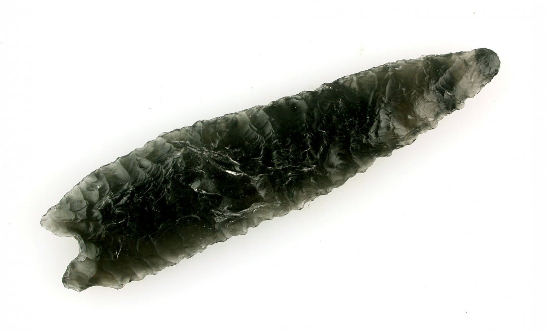 4 3/16" Gatecliff Split Stem - Stermer COA: Obsidian example collected in the early 1950's from Lake Co., Oregon formerly of the Walter Solinski Collection. Stermer COA. Long!