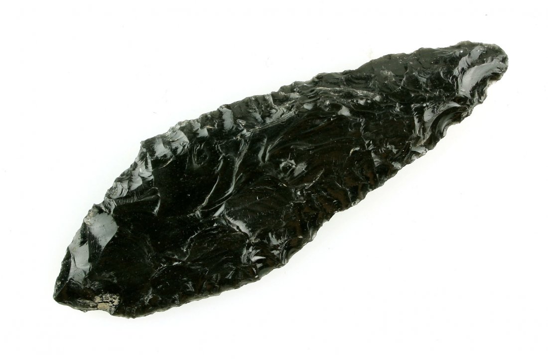 4 5/16" Archaic Bipointed Knife - Stermer COA: Obsidian example from Lake Co., Oregon. Stermer COA.
