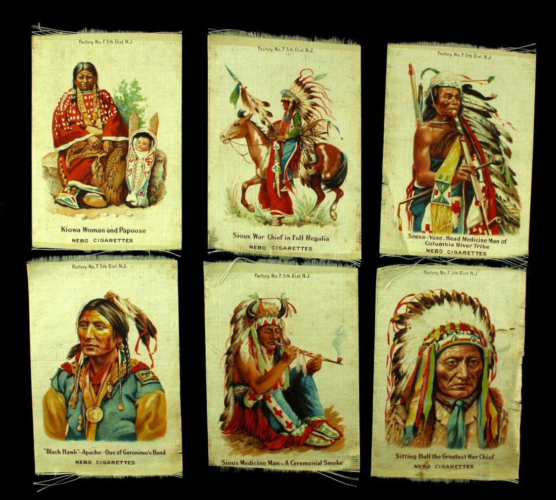 6 Nebo Cigarettes Tobacco Silks painted Advertisements: Displaying 6 Native Americans of historic note. Interesting and unusual.