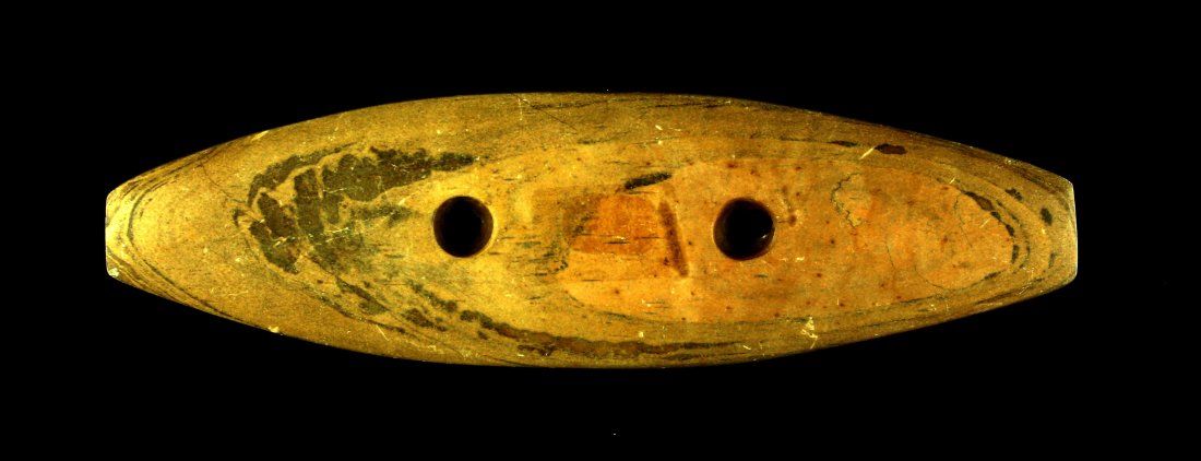 5 1/8" BiConcave Gorget - Jackson COA: Adams Co., Ohio example in a brown banded slate with a nice polish. Old collector tag. Ex - Herb Lenhart and Robert Ankrom Collections. Jackson COA.