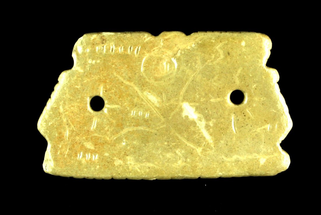 1 7/8" Unusual Gorget: Sandstone example that was shellaced by a previous owner. Estate Collection find. Engraved and tallied. Ohio. Probably Fort Ancient or Proto-Historic.