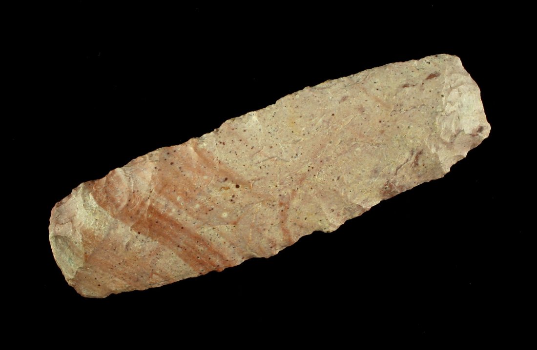 Awesome 4 3/8" Oklahoma Square Knife: High grade extremely colorful glossy (slight river polish) banded Kay County chert. Superb condition. One of the very best square knives we have ever handled.