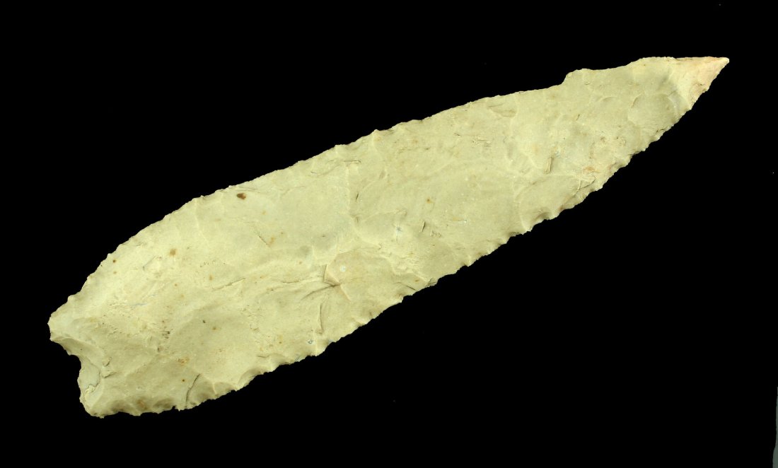 6 1/2" Texas Biface Knife - Jackson COA: Extra large knife-form. Possibly a preform for a big Angostura but definitely hafted, used, and resharpened. Found in Travis Co., Texas. Ex- John Frump Collection. Jackson COA.