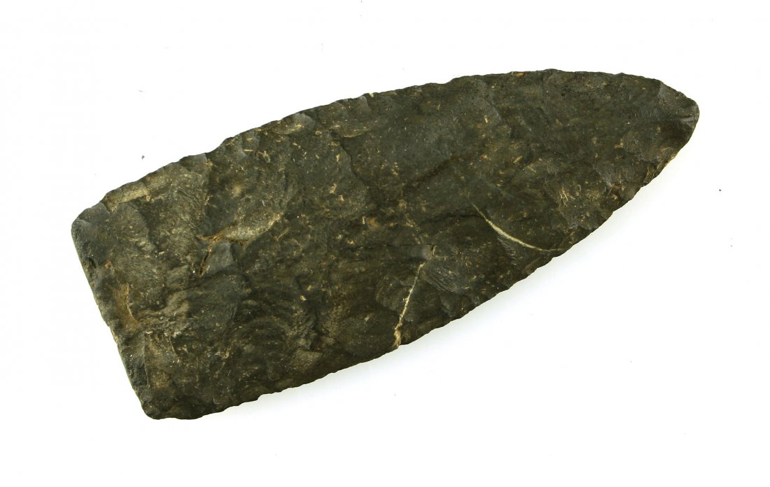 Extra Fine 2 3/4" Nellie Blue Transitional Paleo Lance: Classic ultra thin lance made of Upper Mercer Chert - Nellie Blue variety. Deep blue with white streaks. Extremely collectible Transitional Paleo form. Essentially an unfluted Clovis. Found in Ohio.