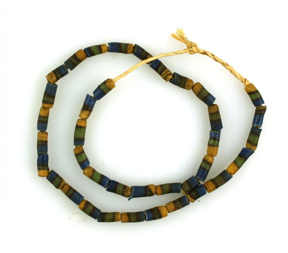 21" Strand of Sand Cast Beads: Blue, Chocolate, green, yellow composite beads.
