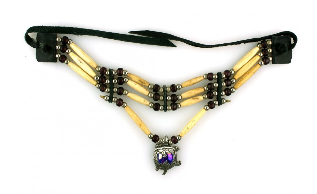 12" Choker Native American Style.: Nice example with steel and bone beads with amethyst glass accent beads. Turtle pendant attached. Contemporary.
