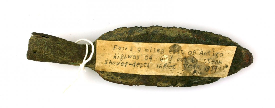 5 3/4" Copper Socketed Spear: Nice example found 9 miles East of Antigo, Wisconsin near highway 64 and excavated by a steam shovel at a depth of 16 feet in 1939. Nice!