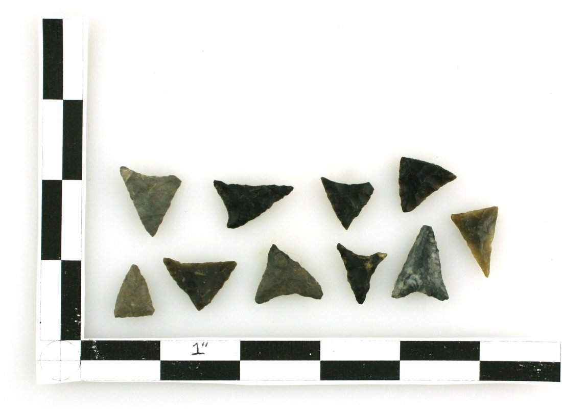 10 West Virginia Triangles: All collected by Kenneth Broughton of Carter Co., Kentucky. Mostly black Kanawha chert. Most measure about an 1", a few are smaller.