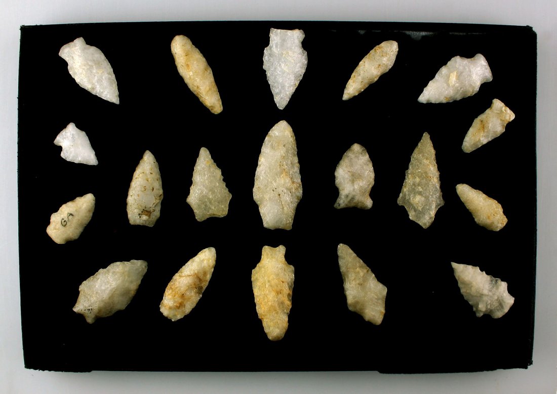 Great Collection of 18 North Carolina Quartz Arrowheads: Various forms and ages. All intact and some very, very nice with translucency, serrations, etc. Ex- Kenneth Broughton Collection.