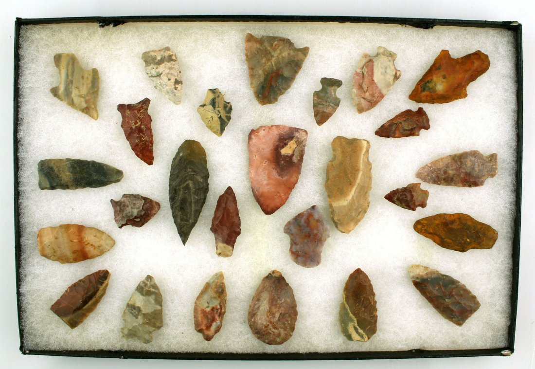 Collection of 26 Colorful Kentucky Points: All found in Carter Co., Kentucky by Kenneth Broughton. Biggest measures 2 1/2". Really pretty. (Frame not included).