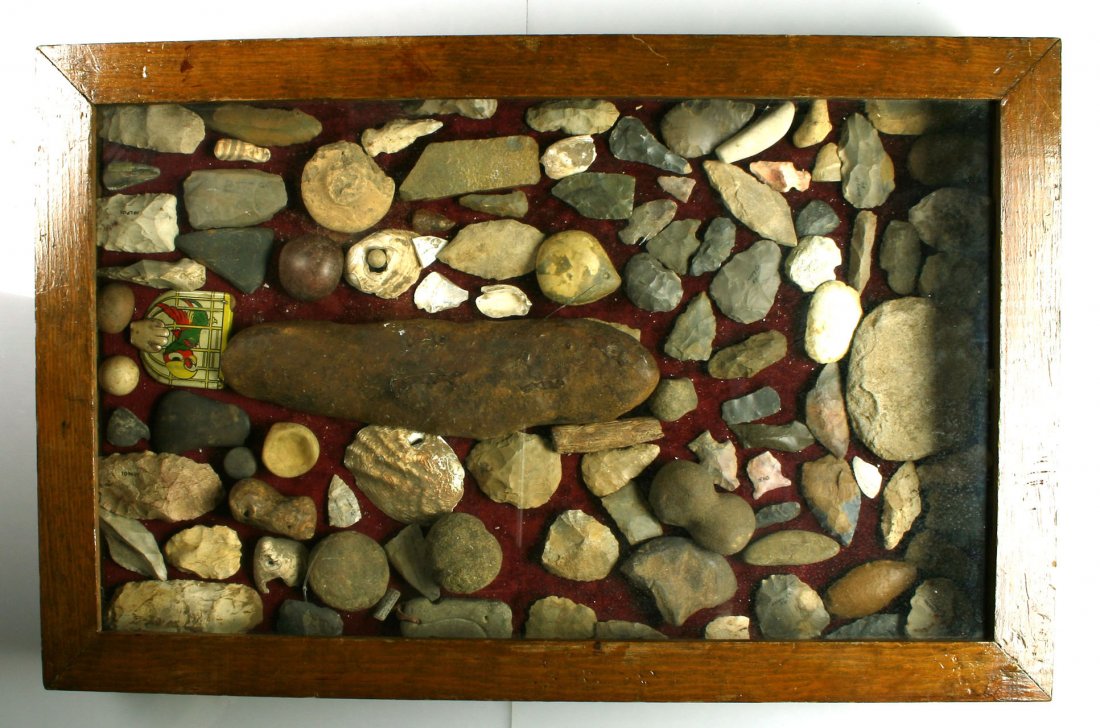 28x18x4" Display of Artifacts: Assortment of various artifacts from the Dale Bratcher estate. 3rd Party Shipment required. Pickup preferred.