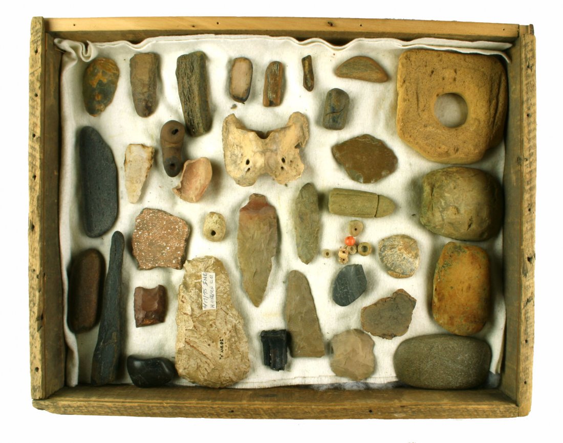 18x14x3" Shadowbox Display of Artifacts: All from the Dale Bratcher Collection. Includes several celts and a Clovis base. 3rd party shipment required.