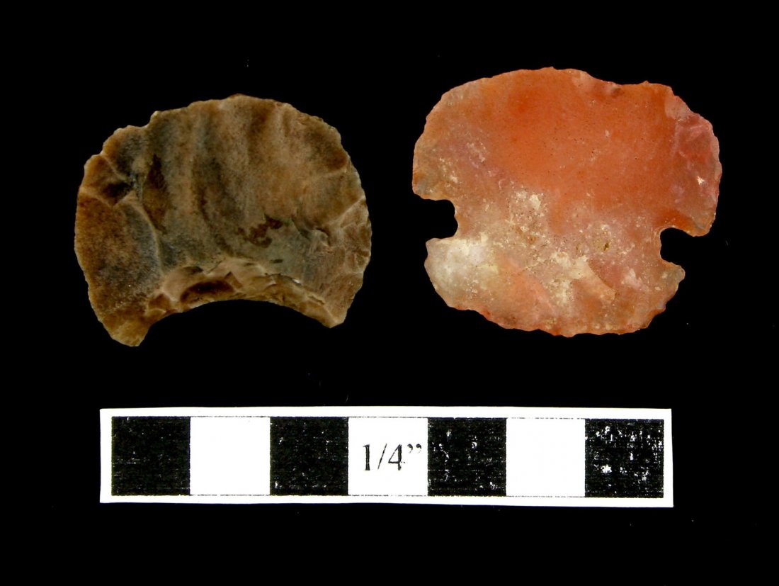 2 Rare New Mexico Scrapers: Orange Agate notched Scraper and a cream colored well patinated chert Crescent. Both in excellent condition. Both approximately 1" wide. Dona Ana County, New Mexico.