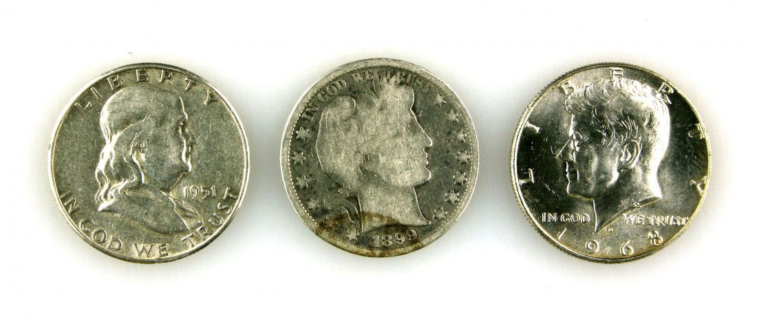3 Silver Half Dollars: 1899 Barber, 1951 Franklin, 1968 Kennedy.