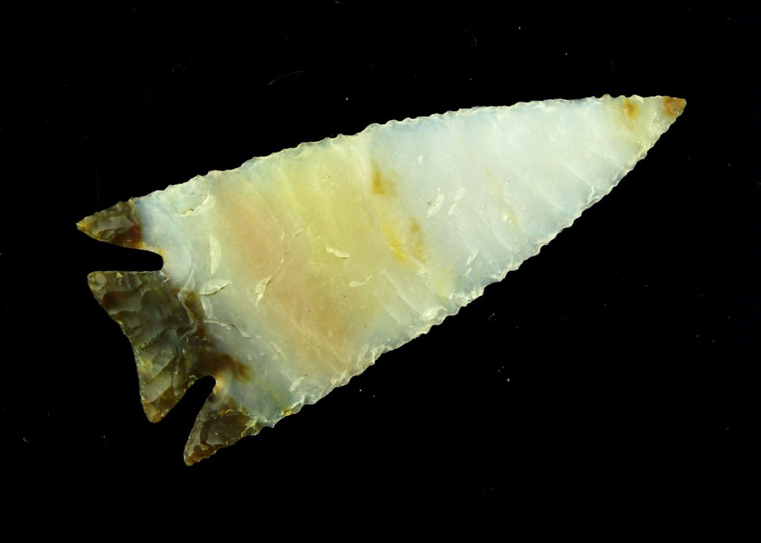 2 1/8" Jim Hopper Elko Reproduction: Exceptional example flaked by noted knapper Jim Hopper from white and orange-brown agate. Ex - Charles Shewey Collection.