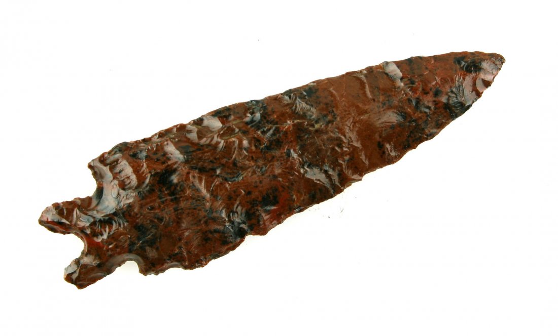 3" Reworked Obsidian Point: Mahogany Obsidian point from Lake Co., Oregon with modern rework to base and edges. Stermer letter regarding this included (copy retained). Highly decorative. As-is