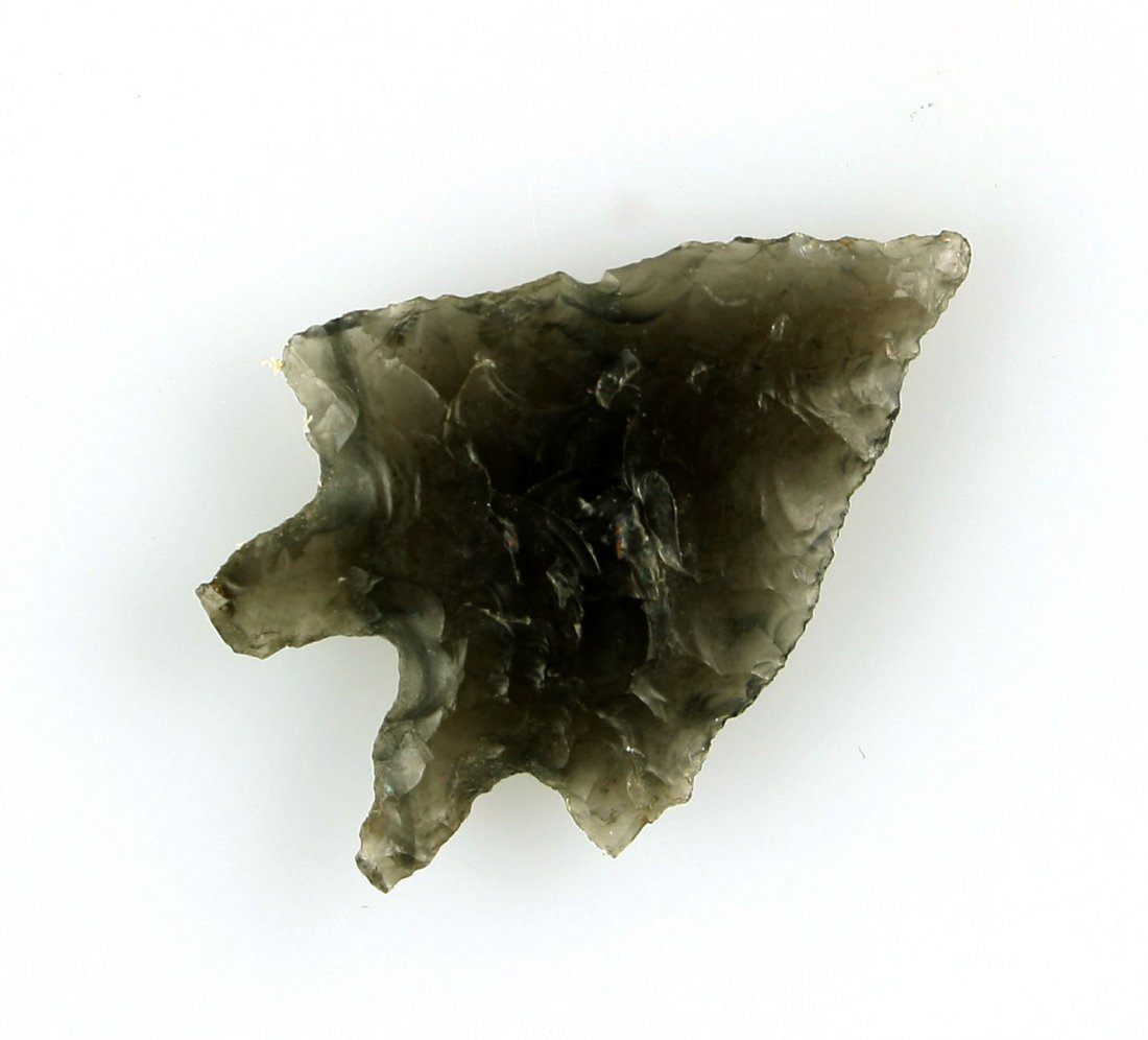 1 1/16" Pinto Basin: Translucent obsidian example from the Scott Webb Family collection. Eastern Oregon.