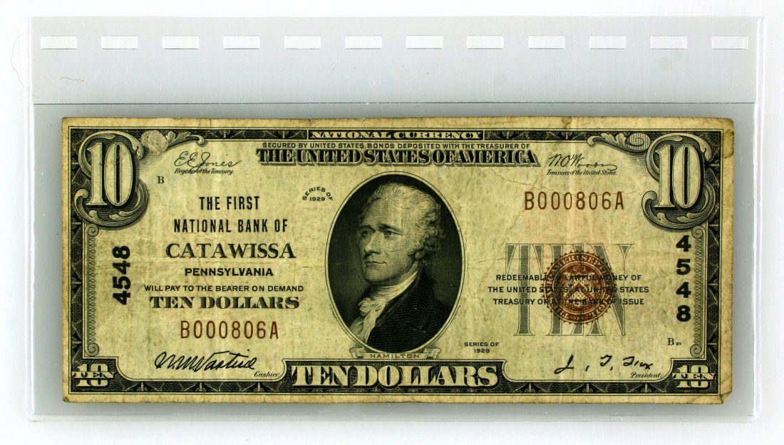 1929 First National Bank of Catawissa Ten Dollar Note (1 of 2)