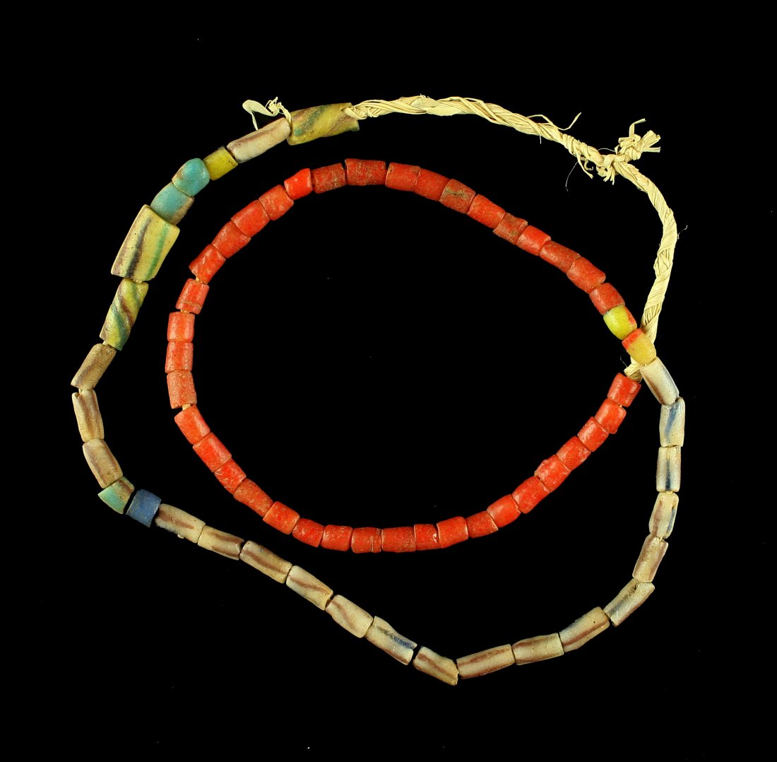 21"+ Sand Cast Necklace: Pretty example with red and yellow and cream beads, some striped.