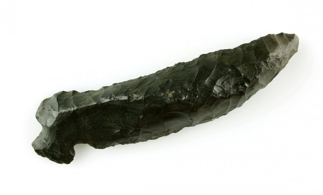 3 1/2" California Corner Tang Knife: Nice black obsidian example found in San Diego Co., California. Heavily used. Uniface.