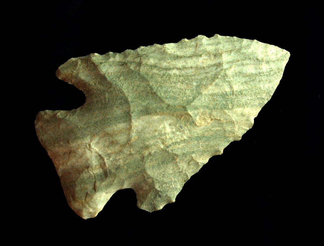 2 3/16" Lost Lake: Attica Green Chert example from Indiana. Ex - Dr. Honeywell Collection.