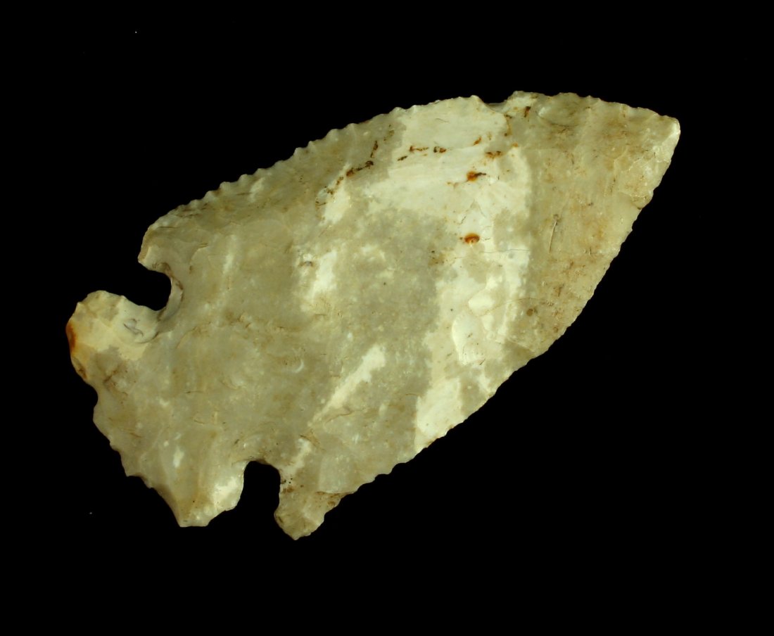 3 5/16" Dovetail: Indiana example in Kenneth Chert. Nicely serrated and well flaked. Ex - Tate Collection. Great mineralization.