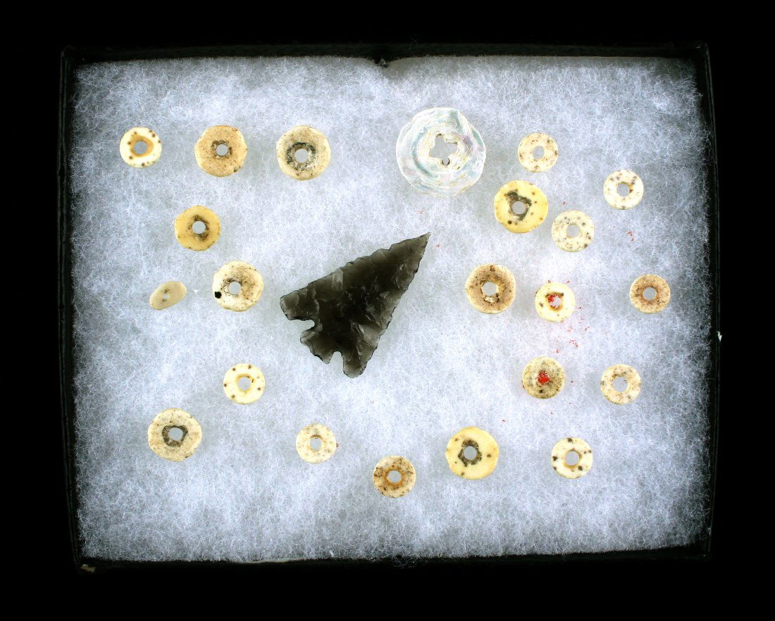 California Shell Beads with Obsidian Eastgate: Nice display featuring 22 shell beads and an Eastgate point all from Northern California. Nice!