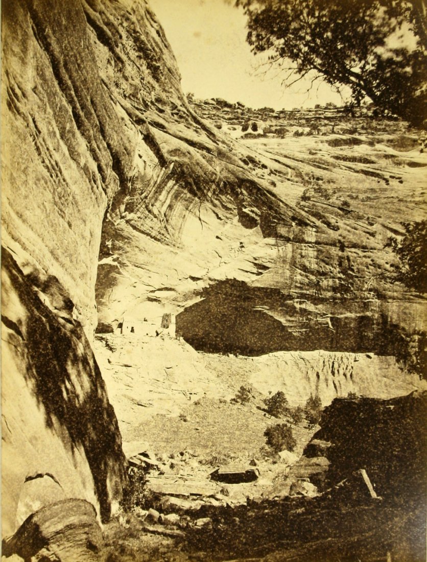 RARE John Hillers 1870's-1880's 10x13" Albumen Cliff: 10x13 on 16x20" matte. John Karl Hillers was part of the 2nd expedition of John Powell thru the American Southwest. This photo depicts ruins of Canyon De Chelley, Arizona. Part of a 27pc collection.