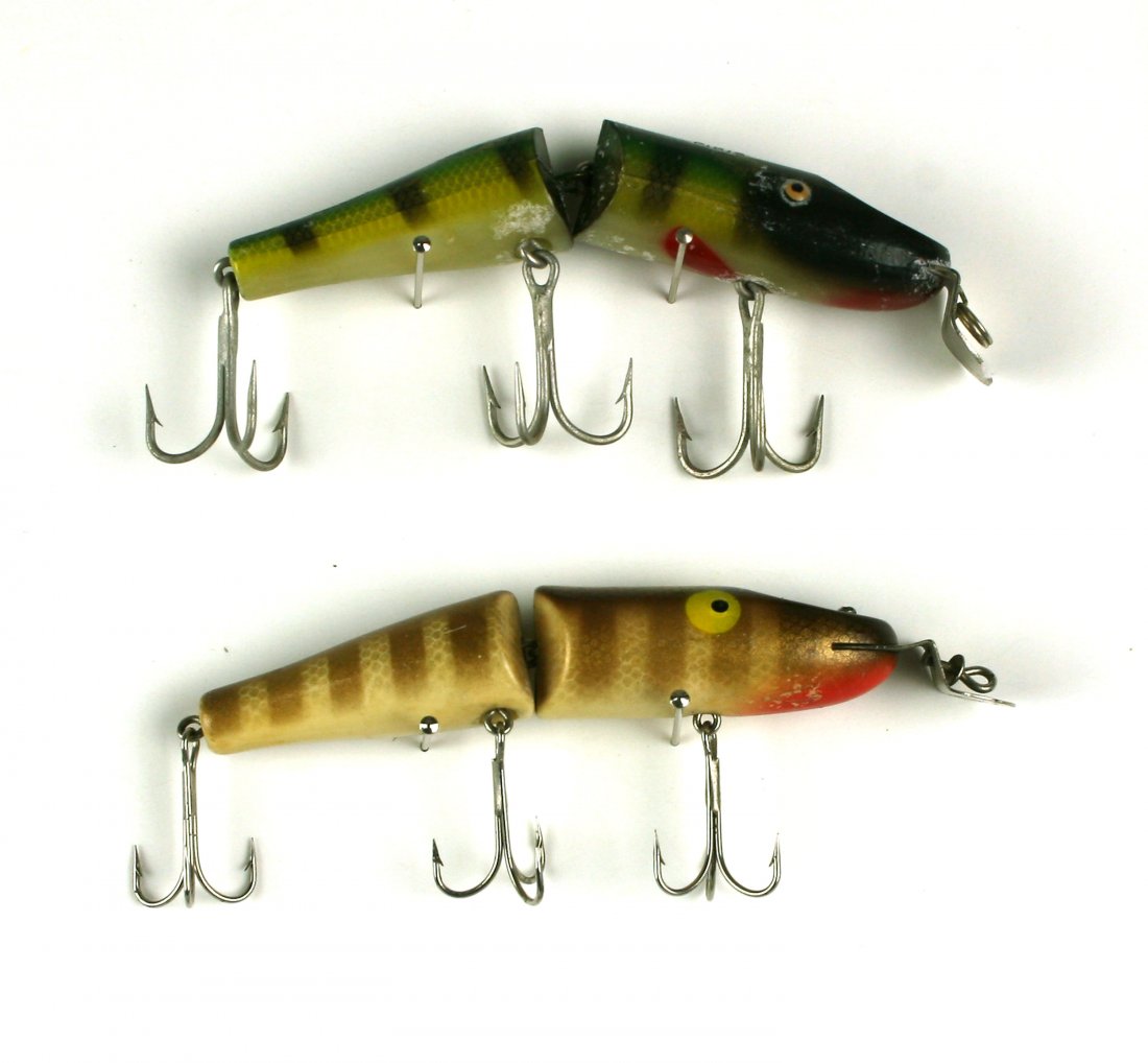 Pair of Vintage Creek Chub Lures: Resin-bodied examples from the Creek Chub Company in Pikie and Perch patterns.