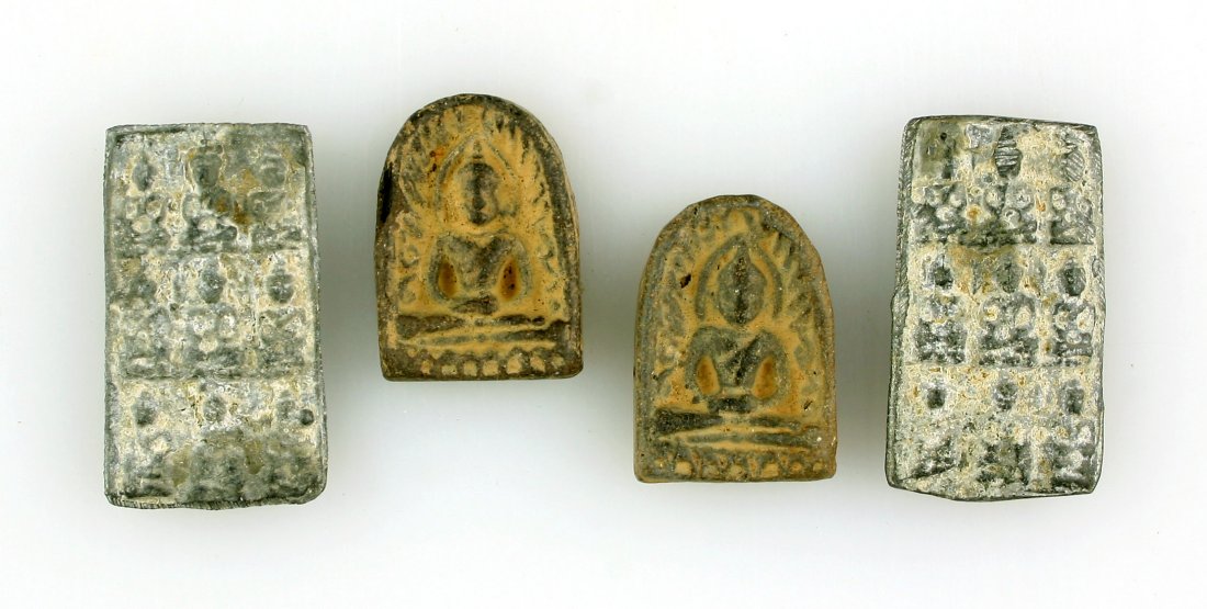 4 Buddhist Mini-Plaques: Two in clay of the seated Buddha, and two molded in lead with 9 seated Buddhas on each side. Unusual lot.