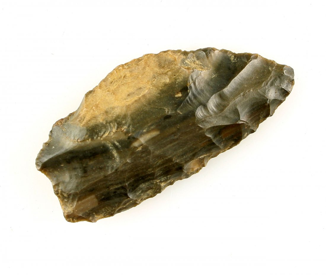 Fluted Paleo Knife from New Mexico: Glossy banded chert from New Mexico. Early and unique example. Measures 2 3/8" long. Flat but flaked on one side, and convex and flaked on the other. Some folks call these Sandia and believe them to b