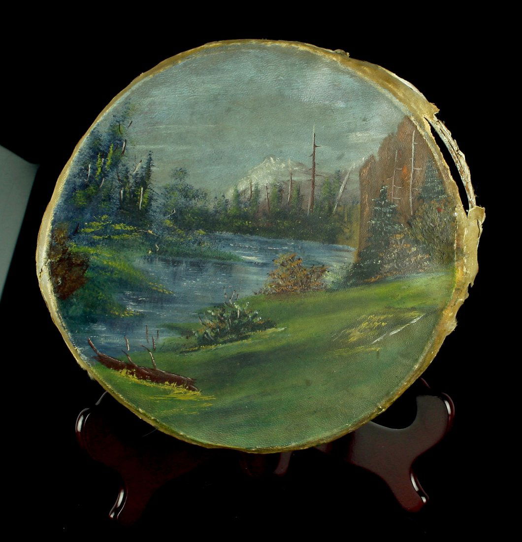 Painted 10.5" dia. Drum: Small drum painted with Geometric stars on one side, and a fantastic landscape worthy of Bob Ross painted directly on the hide. Appears to be a Boy Scout project piece with a metal band internal, and