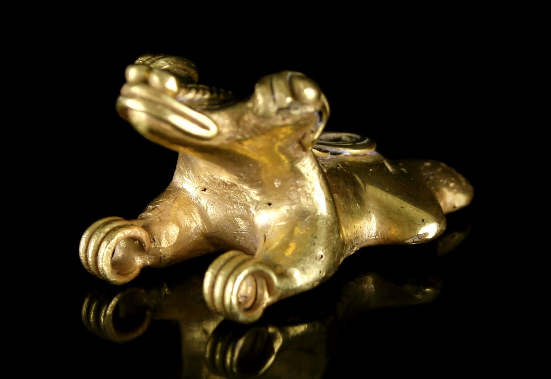 1 7/16" Tairona Frog Effigy Pendant: Nicely made example for unknown gold content from Colombia. 10.6 grams.