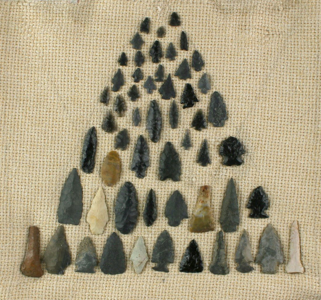 Vintage display of 54 Nevada Obsidian Points (1 of 1)