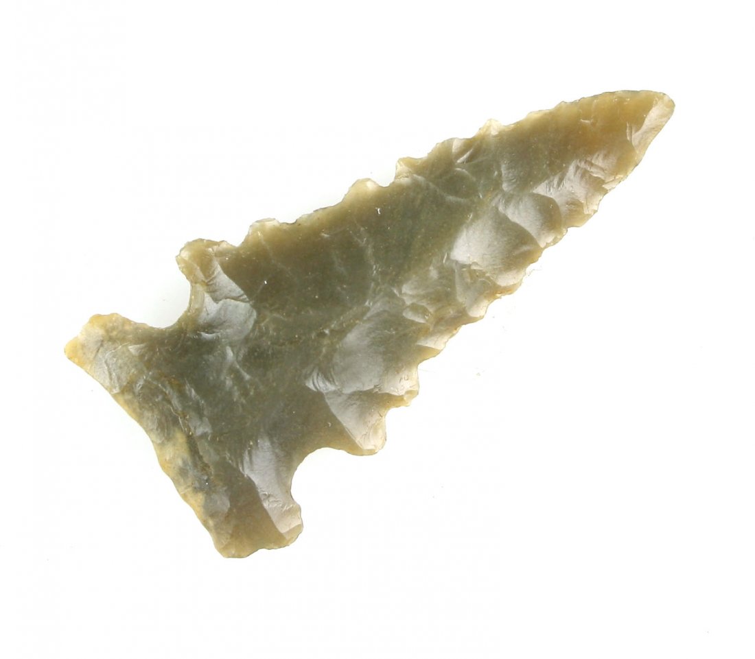 1 11/16" Big Sandy: Gorgeous example in gry brown translucent high grade Carter Cave flint. Whitley Co., Kentucky. Ex - Robinson Collection.