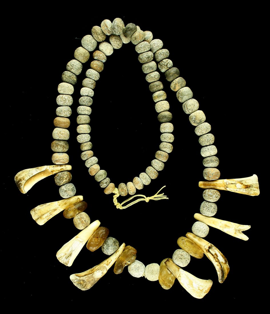 33" Beaded Necklace with Teeth: Nice necklace of unknown age with stone and teeth beads.