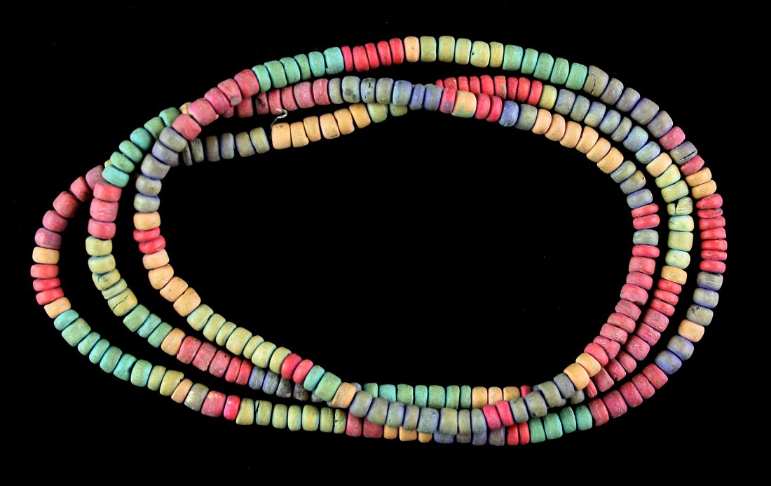 36" Beaded Necklace: multicolored dyed beads out of shell or bone. Kenneth Broughton Collection. Unknown age.