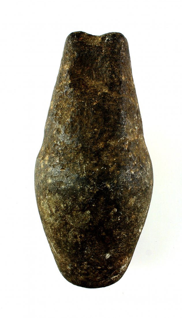 6 1/2" Northwest Coast Effigy Maul: Very nice example with a ringed groove along with a dimpled decoration possibly in the effigy form of a salmon. Oregon/Washington example. From the Dr. Evan Maurer Collection.