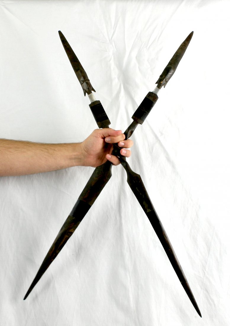Pair of 36" Decorative African Spears: Exotic hardwood examples from Africa. Decorative only. Wire wrapped necks in the Nguni tribal style of South Africa.