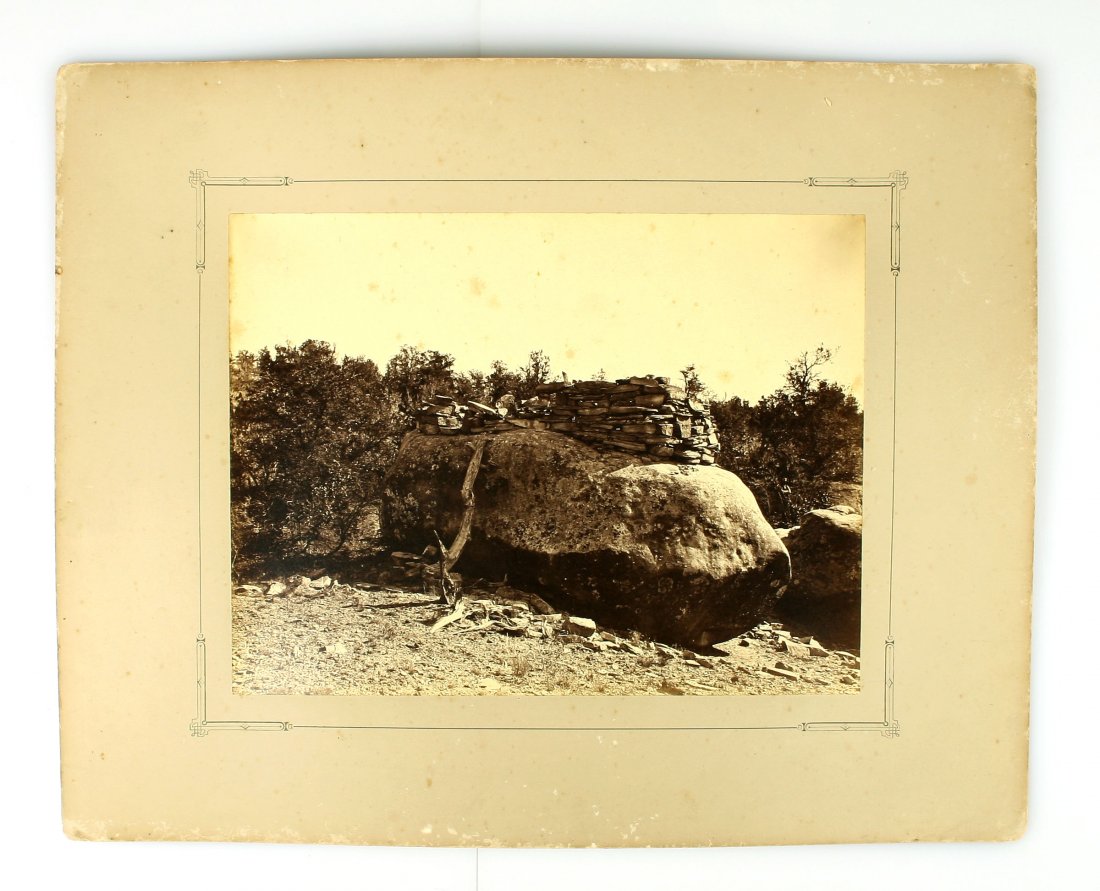 20x16 John Karl Hillers Photo of a Rock Cairn Grave: Taken in the 1880's during the Powell expeditions through the American Southwest. Depicts a Rock Cairn Granary or Grave atop a boulder.