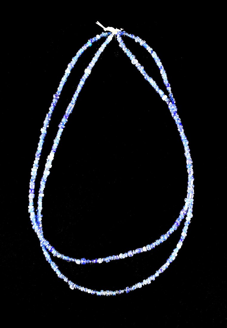 27" Blue Seed Bead Necklace: Nice example with variety of bead sizes. Circa 1890-1910. Ex Dr. Evan Maurer Collection.