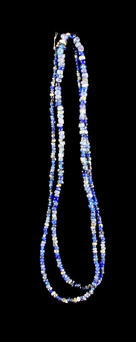 26" Blue Seed Bead Necklace: Nice early example cirac 1890-1910 from the collection of Dr. Evan Maurer.