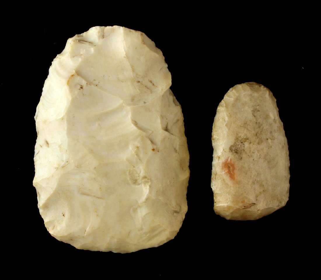 Pair of Cahokia Mounds Scrapers: Collected from near Monk's mound at Cahokia and formerly of the Richard Seidel and Tate Collections. Old writing indicates an early collection date. Seidel was treasurer of the Indian Artifact Collect